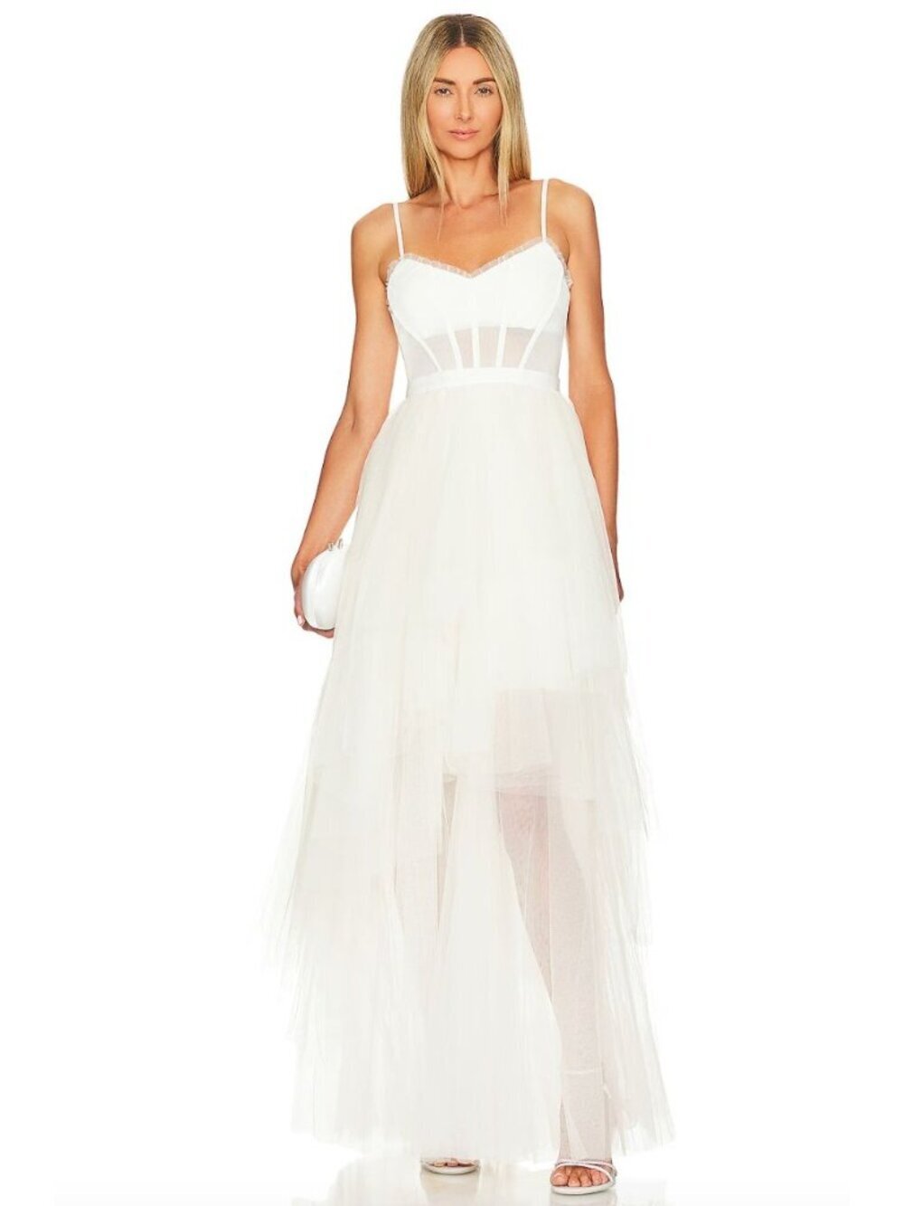 BCBGMAXAZRIA Oly Tiered Ruffle Tulle Evening Gown Gardenia Womens Size 14
